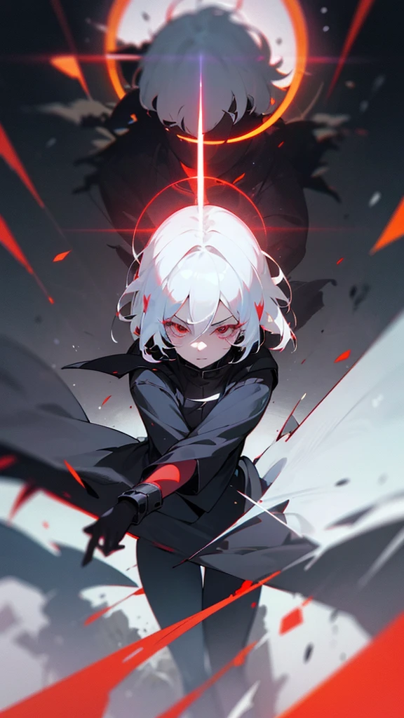 1girl, white hair, wild hair, red eyes, (white eyelashes:1.2), emotionless, red glow halo, mature, black coat, short hair, (chromatic aberration:1.2), reality break, destruction city, solo, (evil godness:1.2), digital dissolve, dynamic pose