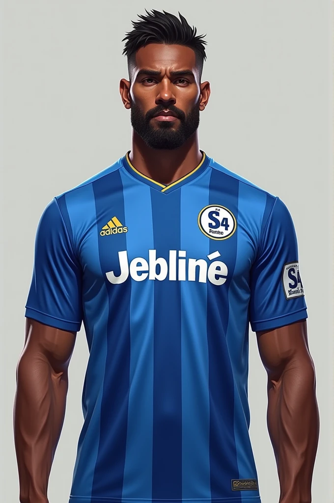 Make a picture of a person with a height of 192 cm,Weight 80 kg,Has a little beard on the chin,A half-length photo of a dark-skinned Uruguayan wearing a Schalke 04 jersey
