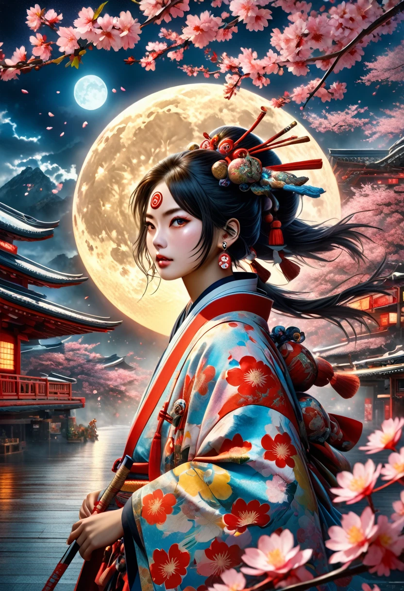 Highly detailed and surreal photographs, Fantasy, Akira Hasegawa, Tengu, the god of the moon, Complex and complex, poster, art station, (best quality,4K,8ก,height,Masterpiece:1.2),Very detailed,(realistic,photorealistic,photo-realistic:1.37),Portrait,concept art,incredible light,Dark atmosphere,A variety of colors,Shining aura,Detailed facial features,Eye piercing,Sharp focus,luxurious clothing,Powerful presence,Float in the air,Sakura petals,full moon