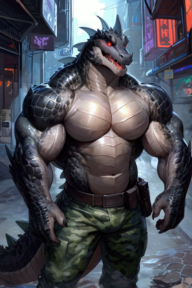 solo, anthro, furry male, crocodile, ((Spiny scales, scales, detailed muscles)), (Crocodile print), black scales, white belly, spiny scales, standing up, bodyguard outfit, black claws, red eyes, slit eyes, slim fit, muscular slim, cracking knuckles, cyber street, busy street, cyber upgrades, crazed look, menacing, raging, angry, detailed eyes, pecs, tail, long tail, looking away, (Masterpiece, by null-ghost, hi-res, 8k), tight green shirt, camo pants, face sideways, leaning forward, oil stain, military outfit, seen from above, upward pov,