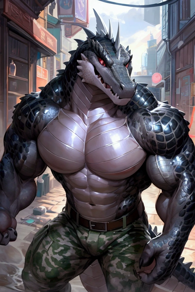 solo, anthro, furry male, crocodile, ((Spiny scales, scales, detailed muscles)), (Crocodile print), black scales, white belly, spiny scales, standing up, bodyguard outfit, black claws, red eyes, slit eyes, slim fit, muscular slim, cracking knuckles, cyber street, busy street, cyber upgrades, crazed look, menacing, raging, angry, detailed eyes, pecs, tail, long tail, looking away, (Masterpiece, by null-ghost, hi-res, 8k), tight green shirt, camo pants, face sideways, leaning forward, oil stain, military outfit, seen from above, upward pov,
