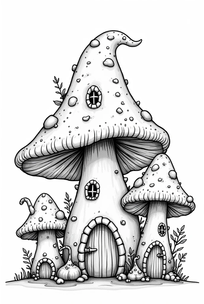 Mushrooms house coloring book pages black and white high details