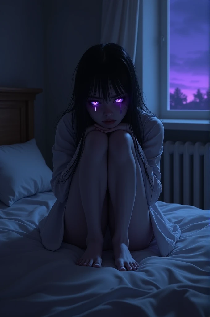 A powerful purple eye man night time sit in bed andcrying and sad for their  breack up