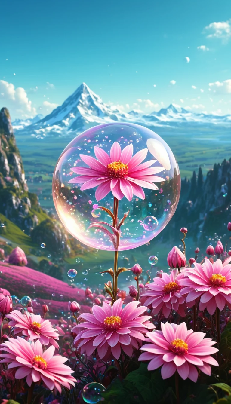 There is a beautiful pink flower and bubble painting, Beautiful Art UHD 4K, Highly Detailed 4K HD Wallpapers, Mythical Flower Hill, Highly detailed digital art in 4K, Beautiful background, Great background, Beautifully detailed fantasy, Beautiful composition 3-d 4k, Very beautiful digital art, Magic Background, Background artwork, Beautiful flowers and crystals, Awesome Wallpapers