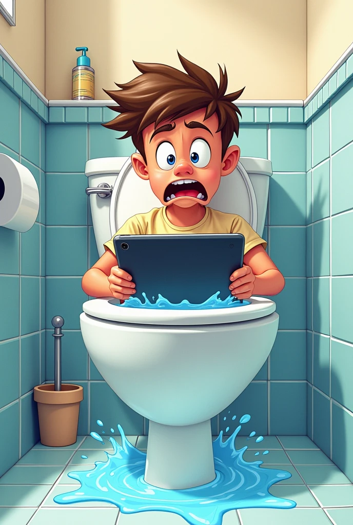 A drawing of a 15-year-old boy who dropped his iPad Air in the toilet