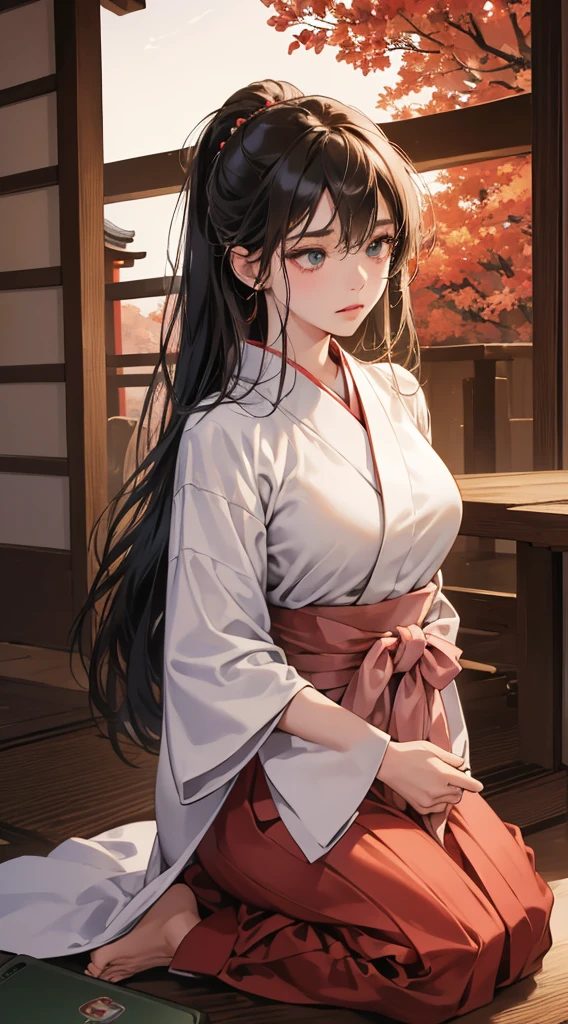(perfect anatomy:1.2)(absurdres, highres, ultra detailed),masterpiece,best quality,high resolution,8k,Realistic face,Realistic skin texture,magnified textures, stunning clarity,detailed anime girl,(ultra detailed eyes and face),15 years old,black long hair pale skin,Japanese shrine maiden, mysterious eyes,shrine maiden clothes,(white kimono),(red hakama:1.1) thin body type,big breasts,small ass,(playing smartphone game:1.3),expressionless,in the shrine,seiza on zabuton,chabudai,tatami room,shoji lamp,engawa,(looking up),(looking far away),afternoon,cowboy shot,serene pose,Japanese garden,(Green sun)