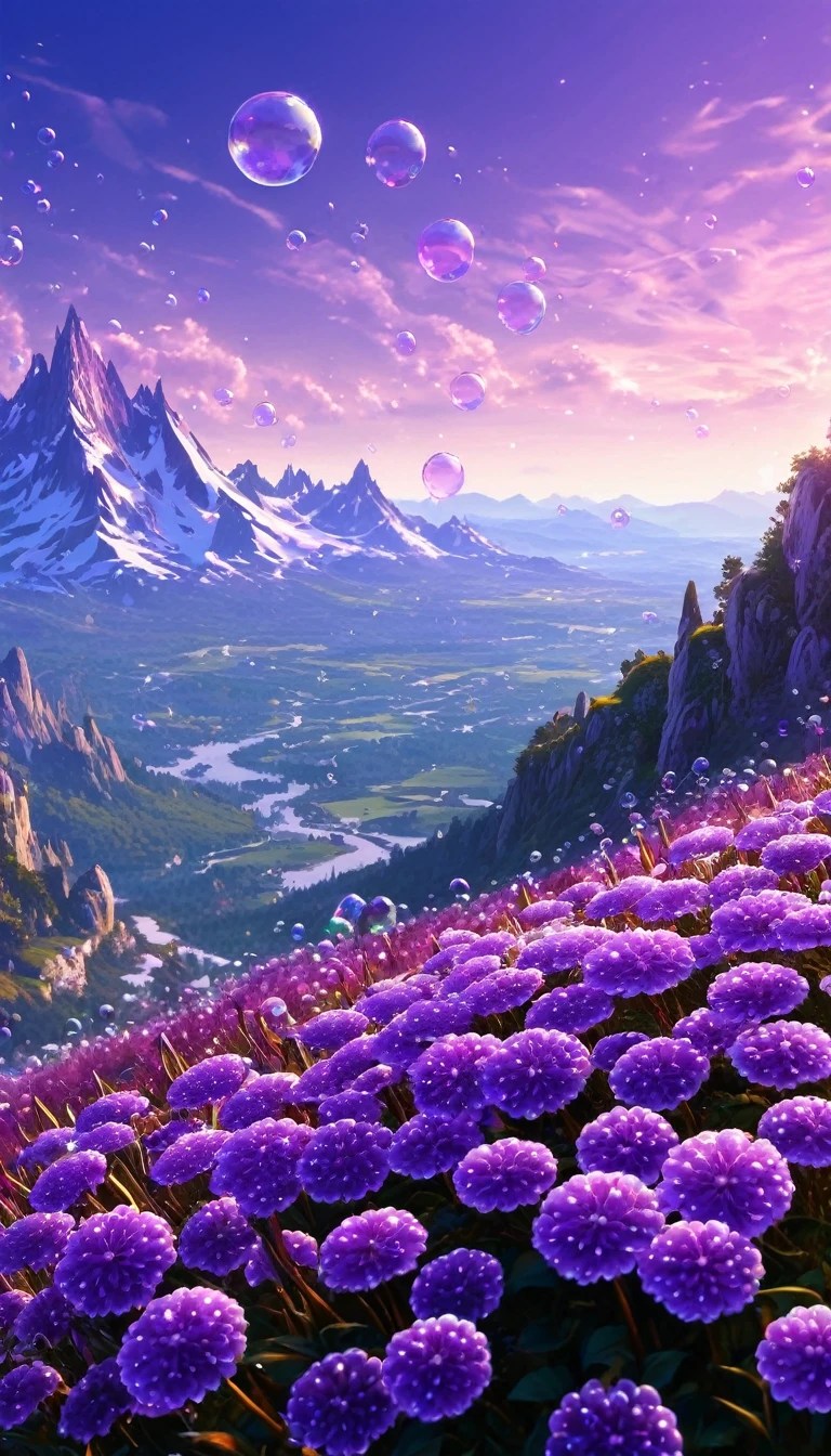 There is a beautiful purple flower and bubble painting, Beautiful Art UHD 4K, Highly Detailed 4K HD Wallpapers, Mythical Flower Hill, Highly detailed digital art in 4K, Beautiful background, Great background, Beautifully detailed fantasy, Beautiful composition 3-d 4k, Very beautiful digital art, Magic Background, Background artwork, Beautiful flowers and crystals, Awesome Wallpapers