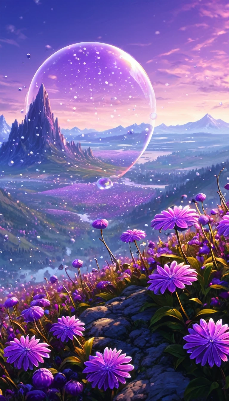 There is a beautiful purple flower and bubble painting, Beautiful Art UHD 4K, Highly Detailed 4K HD Wallpapers, Mythical Flower Hill, Highly detailed digital art in 4K, Beautiful background, Great background, Beautifully detailed fantasy, Beautiful composition 3-d 4k, Very beautiful digital art, Magic Background, Background artwork, Beautiful flowers and crystals, Awesome Wallpapers