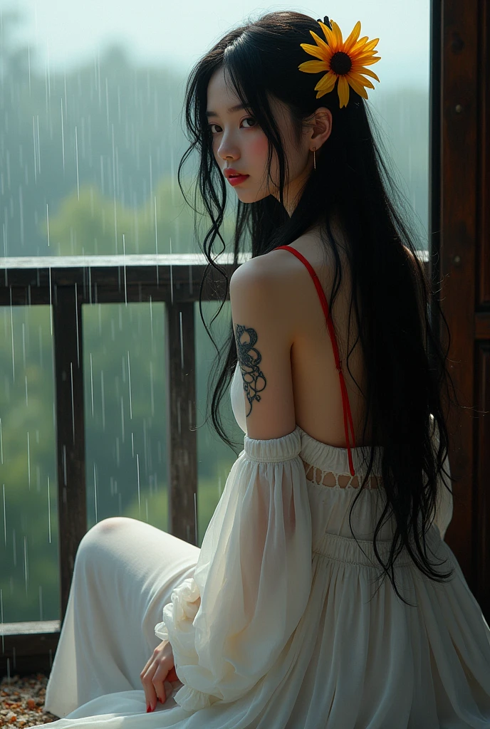 beautiful, light make up, black long hair, a long white dress with a red attach color, sunflower clip and a big symbol of KJ tattoo, sitting balcony while watching the rain to fall