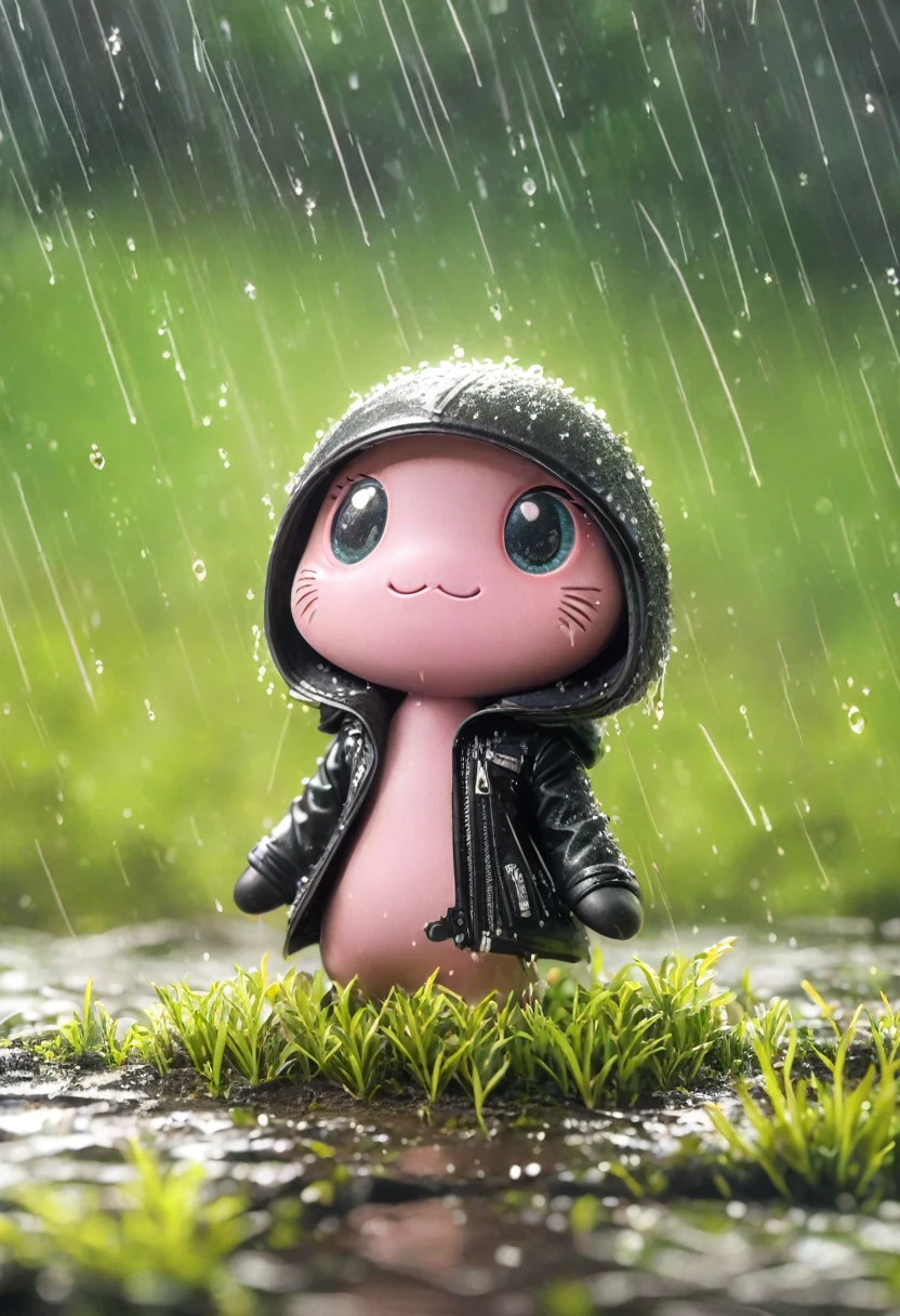Sexy pink Shark Girl wearing black leather jacket,(No humans),E7E48U,,rain, Background grassland