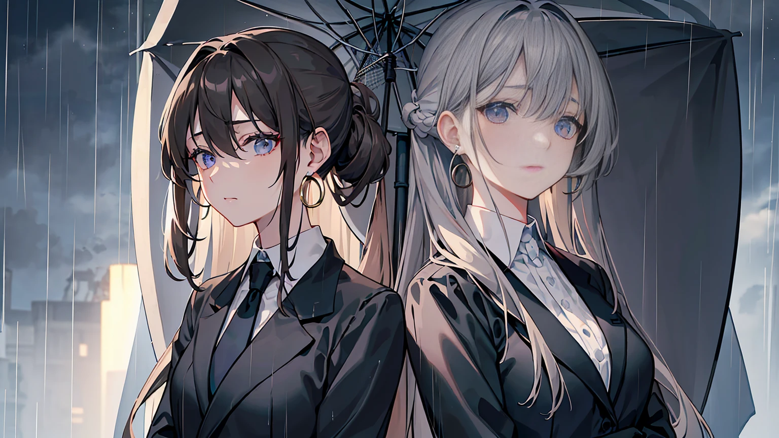 Dark grey and light brown hair、((Long hair tied back))、Showing from the waist up、Black suit draped over shoulders、Wearing a white shirt underneath、black tie、Blue-violet eyes、((Rainy gray background))、Holding a large open umbrella。Beauty、(((Detailed picture)))、(((Detailed face)))、((Only one girl))、Looking down with cold eyes。emotionless expression。The hair is parted on the side、Hair tucked behind one ear。Also、She wears large hoop earrings in her ears.。