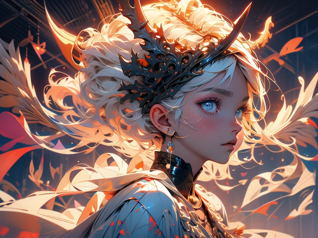 Little Shota,White hair,Men,Q version,Parasaurolophus,There are dragon horns on the head,stand up,Black lace up blindfold,Masterpiece,high resolution,high quality,Clear details,There are two white wings behind,Cloud,Looking at the audience,Perspective,Angel Halo,European and American style,Cold light,jacket