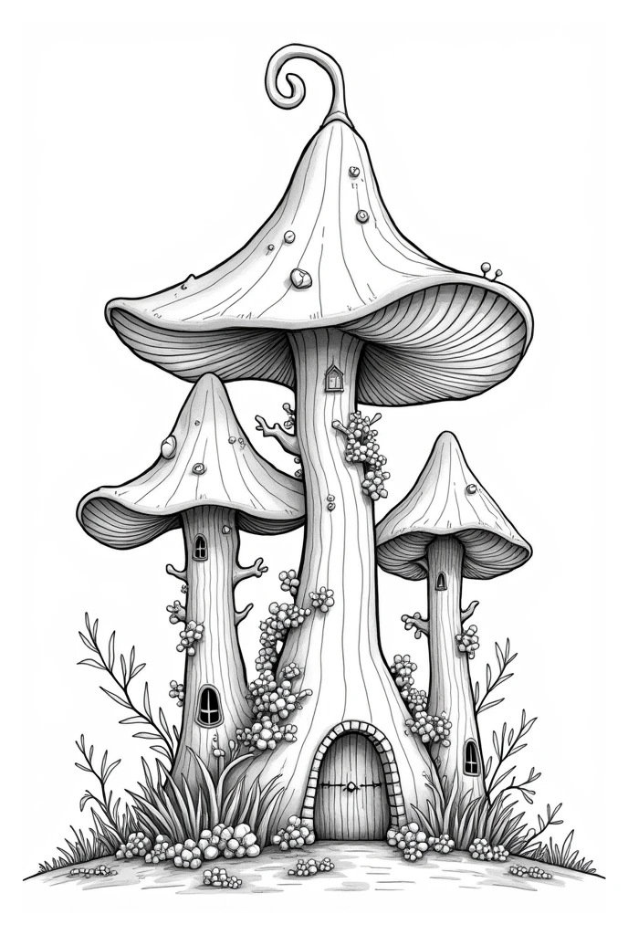 Mushrooms house coloring book pages black and white high details