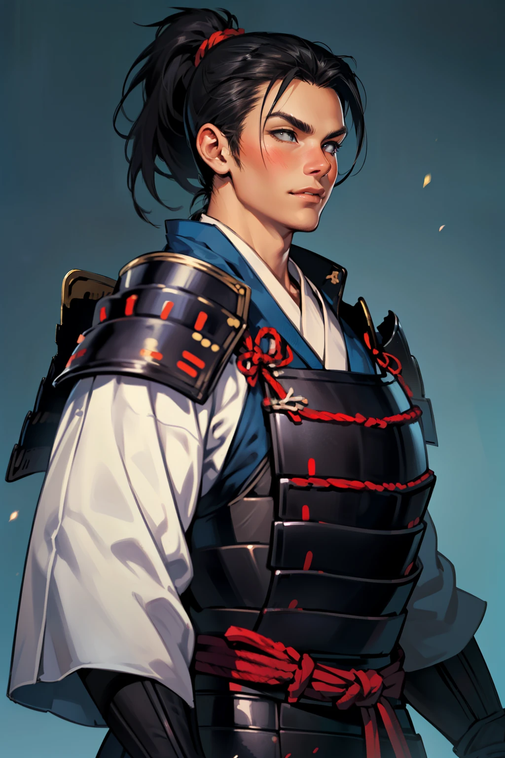 (high resolution, pixel perfect, gorgeous illustrations), (hyper quality, muste piece, etheric: 1.4), (((cowboy shot))), face focus, ((1girl)), ((solo)), (((Androgynous, boyish))), cool atmosphere, black hair, ((((low_ponytail)))), (((Exquisite face, aroused))), blush, (slender, small breasts), fighter, (((samurai, armor))), simple background,