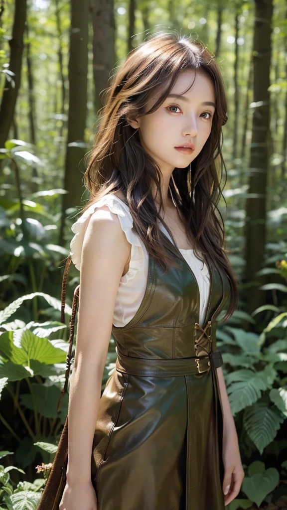 dark skin, detailed beautiful young woman, reddish golden brown hair, long, wavy and messy hair, detaiiled perfect green eyes, delicate symmetric realistic and beautiful face, (magic forest backgroung), ranger outfit leather armored, fairy, wild flowers blending into hair, full body, masterpiece, absurdres,fine detail, rich colors, dramatic lighting, extremely detailed, cinematic lighting