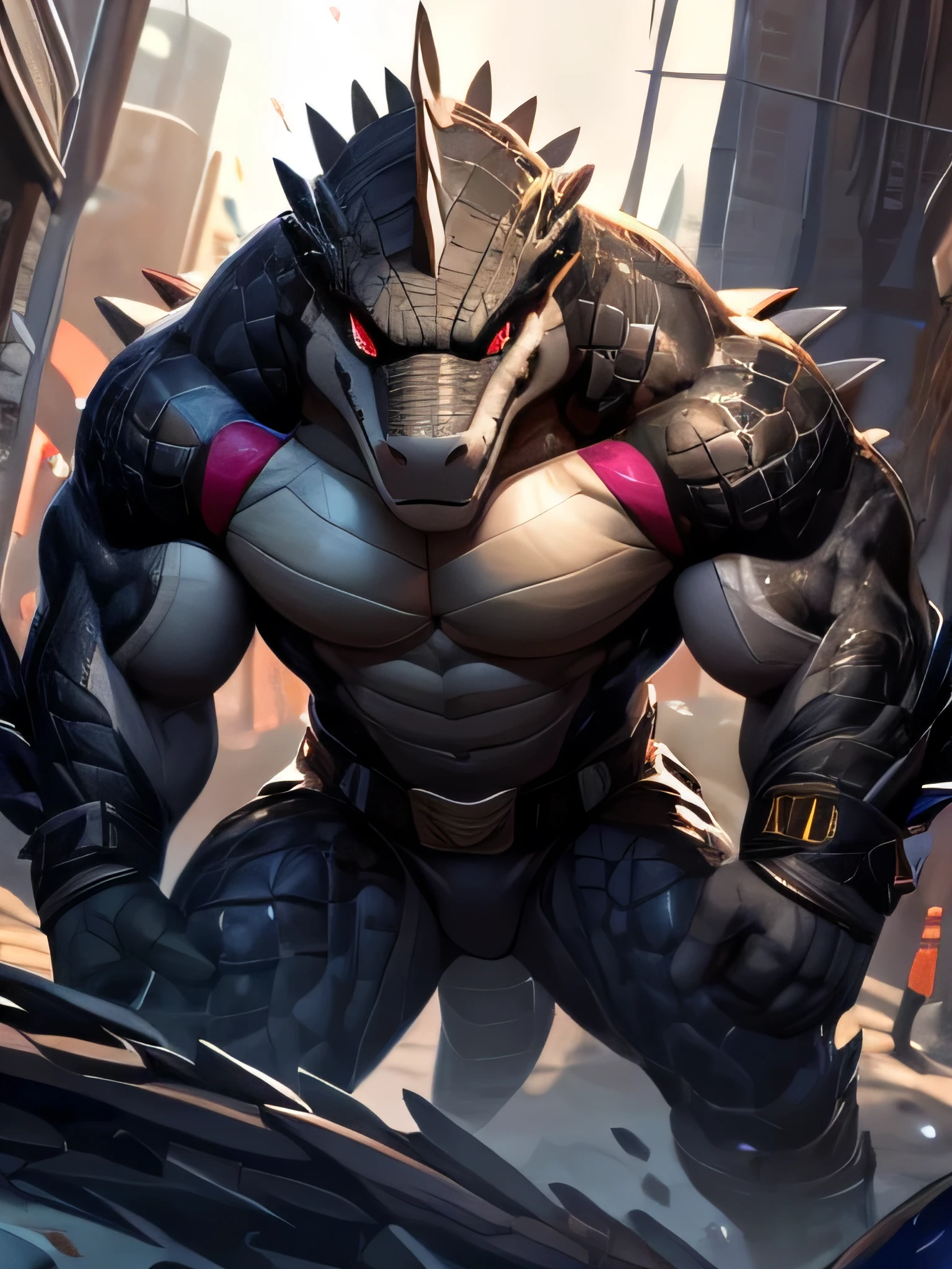 solo, anthro, furry male, crocodile, ((Spiny scales, scales, detailed muscles)), (Crocodile print), black scales, white belly, spiny scales, standing up, mask, valves on mask, bodyguard outfit, black claws, red eyes, slit eyes, slim fit, muscular slim, cracking knuckles, cyber street, busy street, cyber upgrades, crazed look, menacing, raging, angry, detailed eyes, pecs, tail, long tail, looking away, (Masterpiece, by null-ghost, hi-res, 8k), tight green shirt, camo pants, face sideways, leaning forward, oil stain, military outfit, seen from above, upward pov,