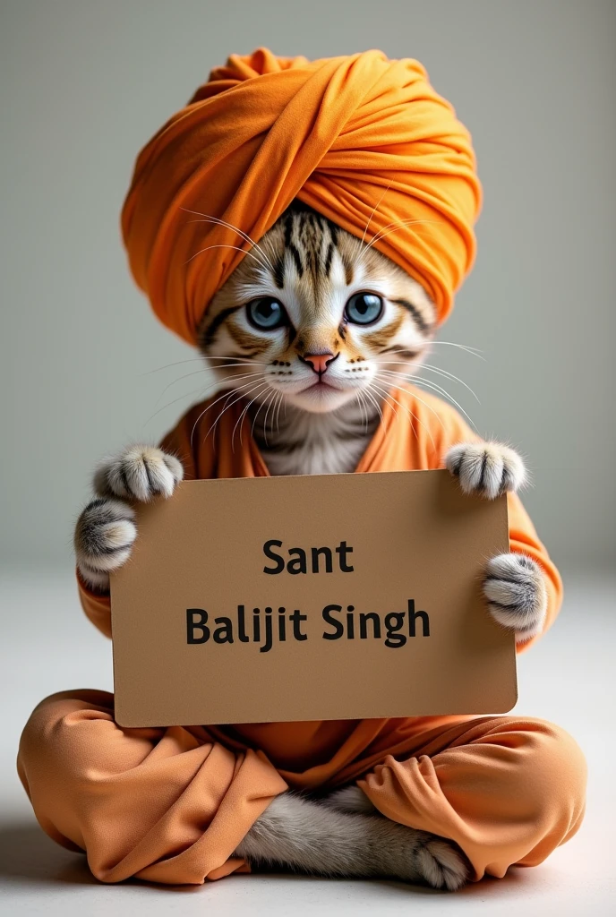 Imagine a kitten in a meditation posture, with a turban on its head and dressed in a tunic; holding a sign that says Sant Baljit Singh