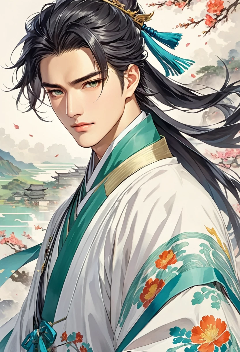 Zhuge Liang, tactician, handsome, debt, wind, A young man in his twenties, youth, no beard, gentleness, 손에 debt를 듦, Wear a hat like a crown