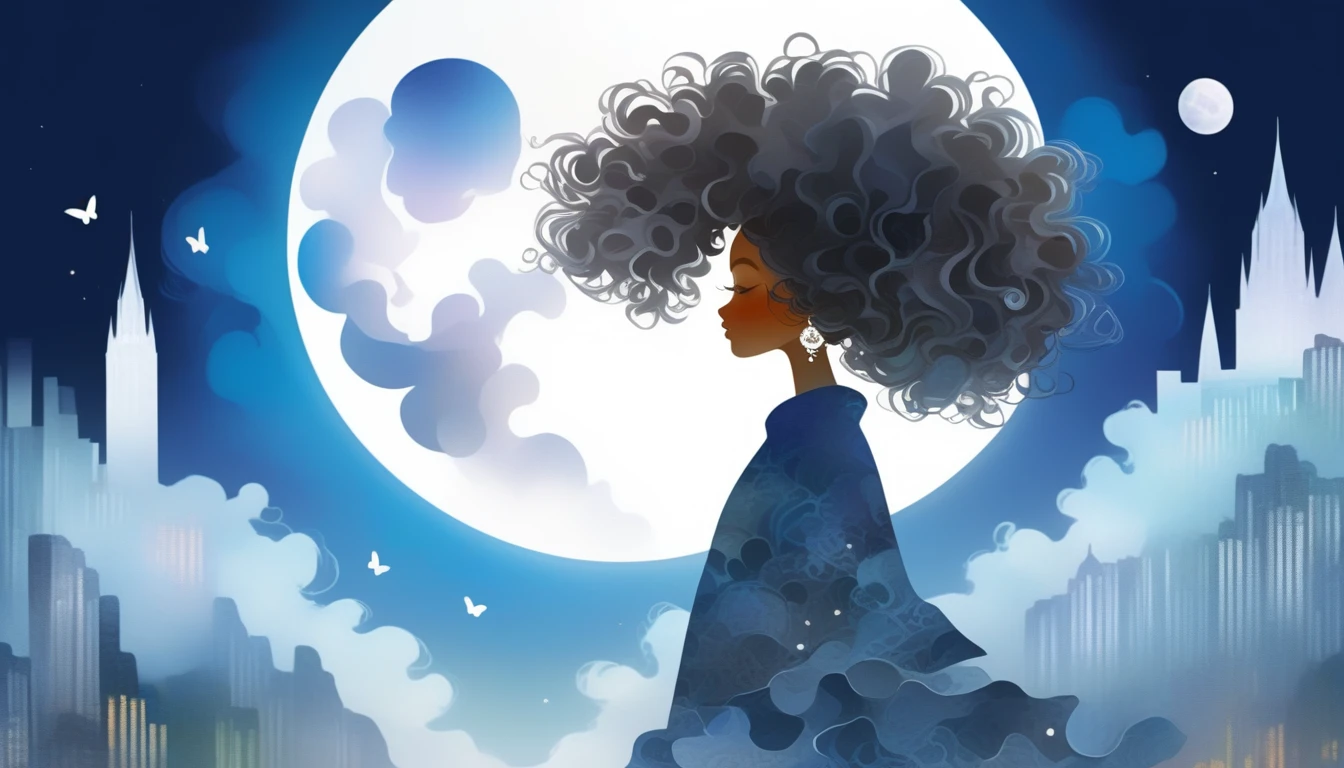 ( 2D Layered paper cutout art, Silhouette Art)silvery moon, 1 solo girl with curly Afro hair silhouette, city silhouette, full body, urban casual fashion clothing, backlighting, soft glowing highlight, intricate masterpiece, digital art, whimsical storybook character, soft blue twilight , beautiful detailed face, butterflies, 96k, hyper detailed, white silvery moon, swirling clouds above, Gradient rainbow textured glass background, by Loish and Yummei, mythical