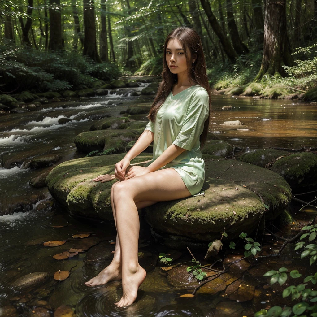 Create 64k photos of a tranquil forest scene at dusk. The forest is bathed in soft, gentle light. There are tall ancient trees. The leaves have a sparkling emerald green color. Low angle portrait. A young woman with a beautiful Thai-Chinese face. ((sexly))  White skin, long brown hair Slim, sexy figure, wearing a pastel pink shirt., white shorts, not wearing shoes She sat gracefully beside the stream. Behind the quiet forest backdrop at dusk The forest was bathed in soft, gentle light. There were tall ancient trees with shimmering leaves. The glitter is emerald green and gold. A stream meanders through forest mildly