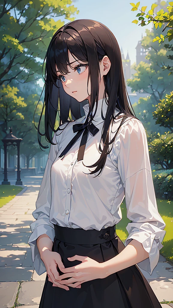 ((True best masterpiece, Ultimately perfect quality, Extremely delicate details)), ((Shy, Quiet, Neat, Gentle, Cute)), An introverted age girl, With skinny slim body, With dark-blue eyes, With long brown-black hair, With flat bust, Wearing a white y-shirt neatly, With black tie, Wearing a black fabric skirt, With gather, In the park