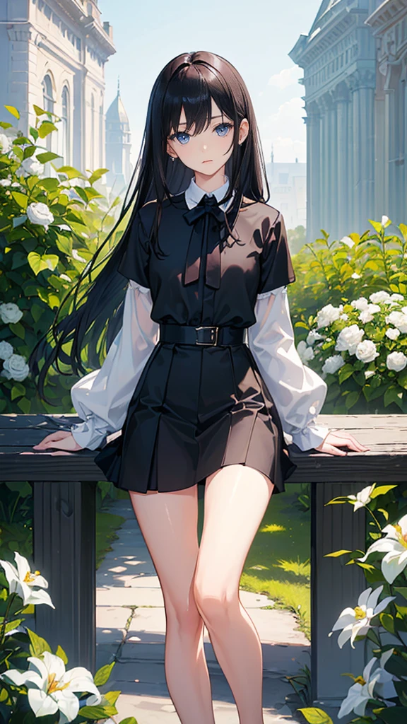 ((True best masterpiece, Ultimately perfect quality, Extremely delicate details)), ((Shy, Quiet, Neat, Gentle, Cute)), An introverted  girl, With skinny slim body, With dark-blue eyes, With long brown-black hair, With flat bust, Wearing a white y-shirt neatly, With black tie, Wearing a black fabric skirt, With gather, In the park