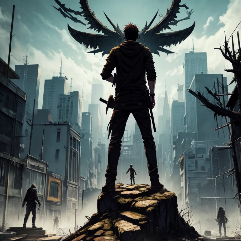 hunter standing on piles of dead zombies , anime artstyle