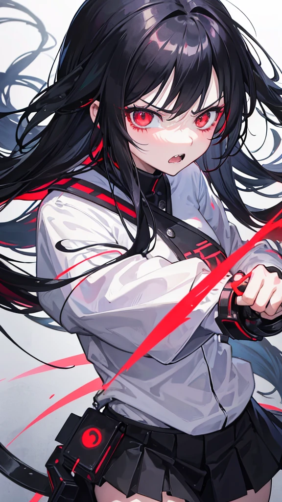 Anime girl has electric red eyes in her hands, Black Hair, Long hair, Anime style, angry, Gloomy face, Grit your teeth,