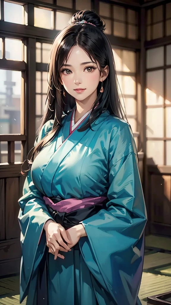 (Realistic)、(Realistic:1.2)、(High resolution)、Very detailed、Very beautiful face and eyes、1 girl、Delicate body、(Highest quality、Attention to detail、Rich skin detail)、(Highest quality、8k、Oil paint:1.2)、Very detailed、(Realistic、Realistic:1.37)、Bright colors、Full Body Shot,black_hair, Beautiful 8k eyes,Looking_in_audience,One person in,Are standing,((Very beautiful woman, Fuller lips, Japanese pintern kimono))、((Gorgeous and colorful Japanese kimono)))、(((blackhair)))、(((blunt bungs,long straight hair)))、((( In an old Japanese house (short focus :1.4),)))、(masterpiece, Highest quality, Highest quality, Official Art, beautifully、beautiful:1.2),(Fractal Art:1.3),Sengoku period、By Greg Rutkowski:Alphonse Mucha Ropp,short ,uchikake,nishijin ori,(realistic Light and shadow), (real and delicate background),(Calm colors, Dim color, soothing tones:1.3), Low saturation, (Ultra-detailed:1.2), (Noir:0.4),Draw,Blurred_Light_background, (Bright colors:1.2), cinematic Lighting, ambient Lighting,Single Shot,Shallow focus,pink lip,Blurred Light background,Eros,Big Breasts,Narrow eyes
