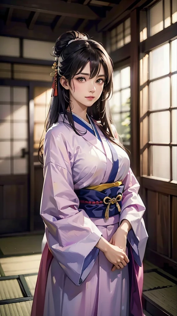(Realistic)、(Realistic:1.2)、(High resolution)、Very detailed、Very beautiful face and eyes、1 girl、Delicate body、(Highest quality、Attention to detail、Rich skin detail)、(Highest quality、8k、Oil paint:1.2)、Very detailed、(Realistic、Realistic:1.37)、Bright colors、Full Body Shot,black_hair, Beautiful 8k eyes,Looking_in_audience,One person in,Are standing,((Very beautiful woman, Fuller lips, Japanese pintern kimono))、((Gorgeous and colorful Japanese kimono)))、(((blackhair)))、(((blunt bungs,long straight hair)))、((( In an old Japanese house (short focus :1.4),)))、(masterpiece, Highest quality, Highest quality, Official Art, beautifully、beautiful:1.2),(Fractal Art:1.3),Sengoku period、By Greg Rutkowski:Alphonse Mucha Ropp,short ,uchikake,nishijin ori,(realistic Light and shadow), (real and delicate background),(Calm colors, Dim color, soothing tones:1.3), Low saturation, (Ultra-detailed:1.2), (Noir:0.4),Draw,Blurred_Light_background, (Bright colors:1.2), cinematic Lighting, ambient Lighting,Single Shot,Shallow focus,pink lip,Blurred Light background,Eros,Big Breasts,Narrow eyes