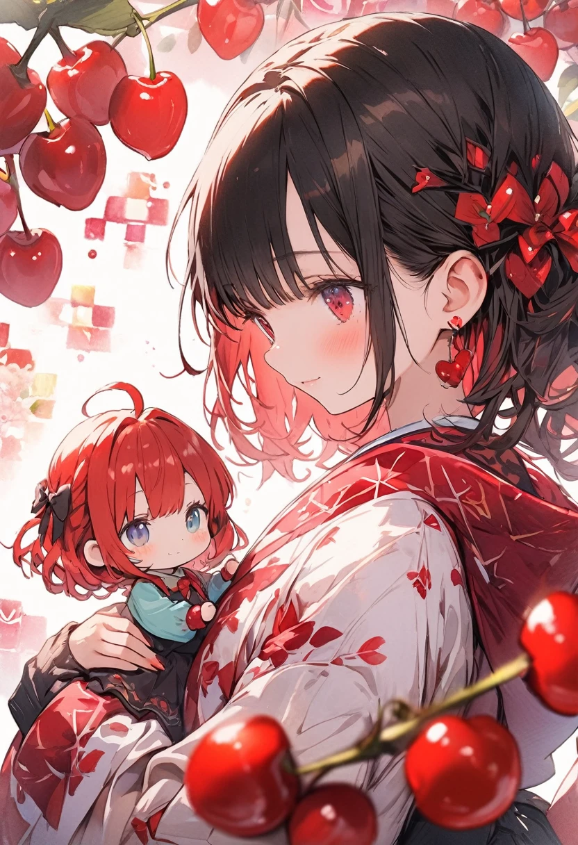 chibi girl, cute girl, fullbody, watercolor, clear, cute illustration, beautiful detail, fain touch outline, best quality, top quality, ultra detailed, masterpiece, beautiful detail, (lots of red cherries is around pattern on background:1.8), cute illustration, cute girl, beautiful detail