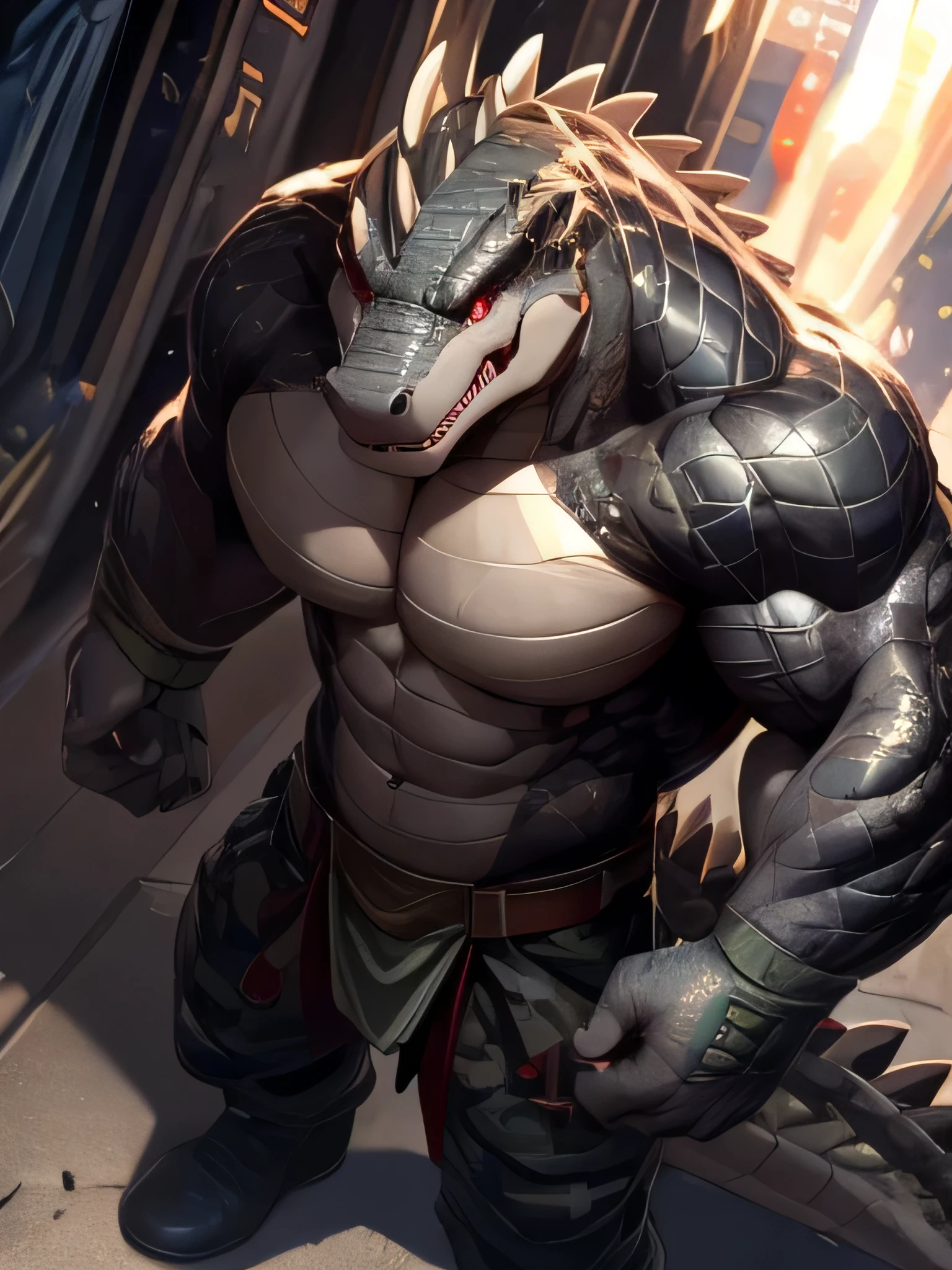 solo, anthro, furry male, crocodile, ((Spiny scales, scales, detailed muscles)), (Crocodile print), black scales, white belly, spiny scales, standing up, bodyguard outfit, black claws, red eyes, slit eyes, slim fit, muscular slim, cracking knuckles, cyber street, busy street, cyber upgrades, crazed look, menacing, raging, angry, detailed eyes, pecs, tail, long tail, looking away, (Masterpiece, by null-ghost, hi-res, 8k), tight green shirt, camo pants, face sideways, leaning forward, oil stain, military outfit, seen from above, upward pov,