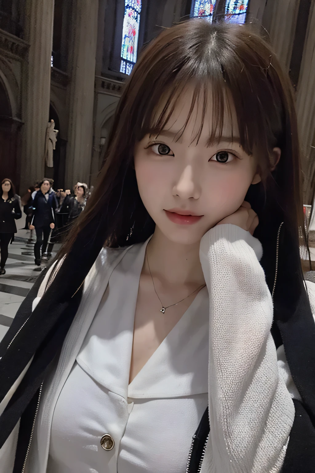 photo of model in white jacket dress and black hair, posing for photo at Milan Cathedral with people walking around her, daytime, posted on snapchat, Polaroid photography by Tarkovsky style --ar 3:4