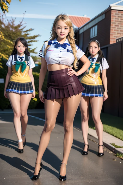 (Neon Town)、(1 high school girl with model figures:1.8)、(Standing facing this), Full body photography、(Group photo of gals on school trip:1.7)、(wide thighs, very long legs), High heels on the ground, classroom, (masterpiece:1.3), (8k, Realistic, RAW Photos, highest quality: 1.4), Beautiful Face, (Realistic face), (Blonde short cut:1.3), realistic eyes, Very beautiful eyes, Realistic skin, Beautiful Skin, Ultra-high resolution, Super Realistic, Very detailed, Golden Ratio, cute, cute female teacher, High school girl in summer clothes, Surreal school girl, pleated micro mini skirt, Milk splashed on the uniform、Wet panties、pantyhose, high heel loafers, Full body portrait, Thin arms, ((((large Breasts))))、black leather designer bag、 High school girl wearing JK uniform, Surreal school girl, high waist micro mini skirt, Milk splashed on the uniform、pantyhose, high heel loafers, Full body portrait, Thin arms, (large Breasts)、(Her uniform shirt is open, expose her bra)、wide thighs、Long legs,