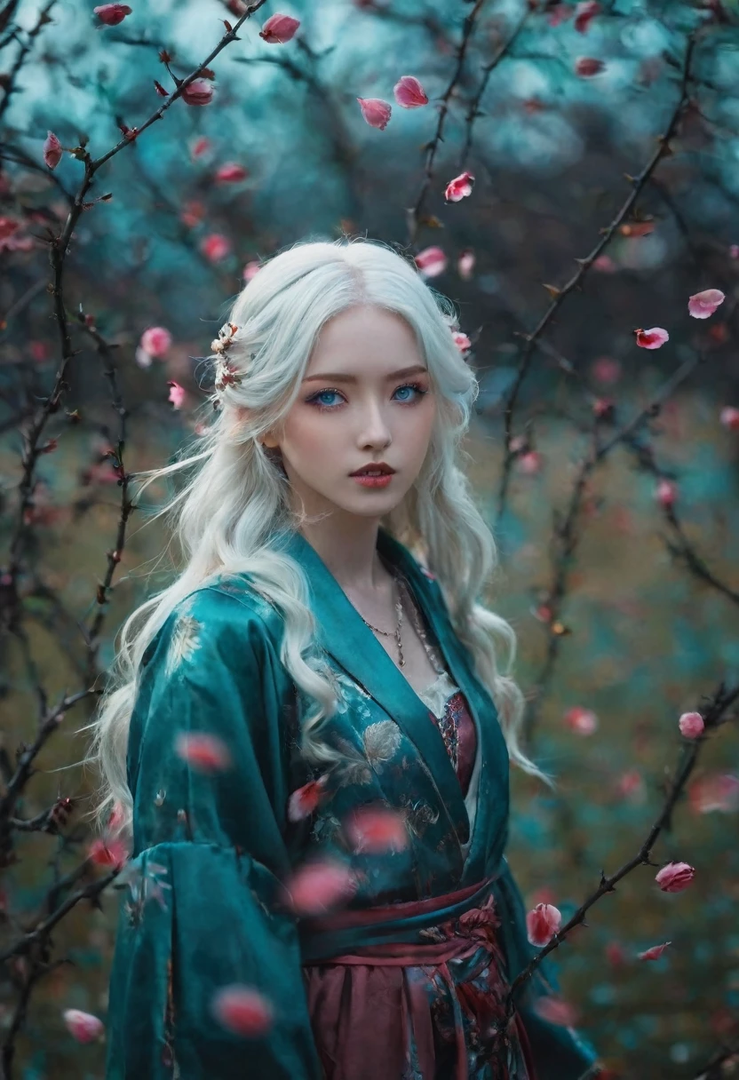 Full length view. ((little funny android girl, porcelain face and head. long flowing white hair, big turquoise eyes, perfect eyes, best quality)). visual kay fashion, gothic. yoshitaka amano, quentin mutch, multicolored fog. hannah yata, fantasy art, 64 megapixels, 8k hdr resolution; volumetric lighting", surreal hallucination, complex detail, sharp focus, wind, cherry petals, fujifilm, bokeh.