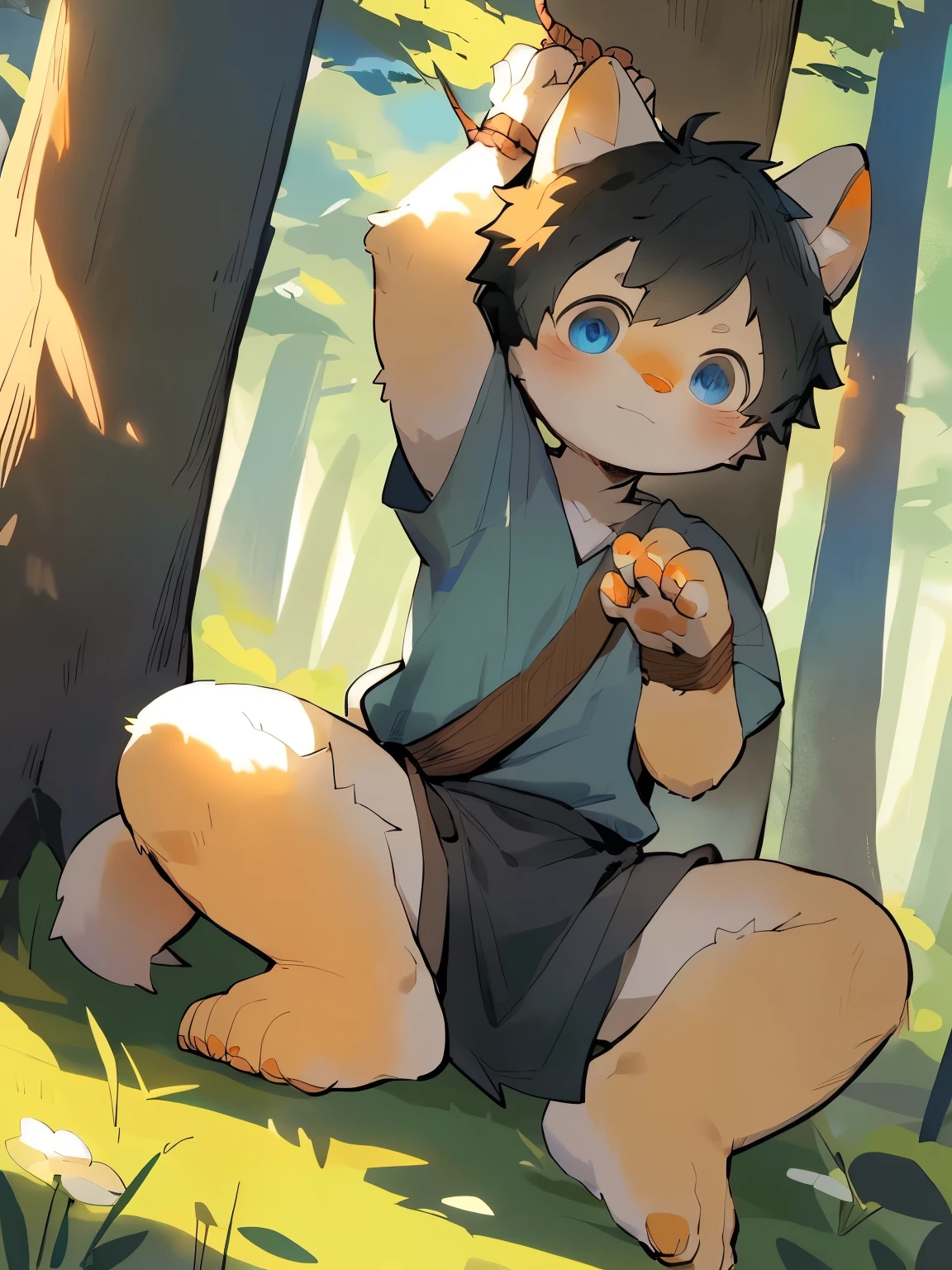 male, Boys性欲旺盛，((best quality)), ((masterpiece)), (detailed),Handsome, detailed eyes, 1. Werewolf, Golden fur, blue eyes, (Orange nose), paw, White feet, 4 toes, ((1male)),male, (solitary:1.3), canine feet, (Movement Line:1.1),Loincloth , Black Hair, Single hairy tail, (Young male wolf:1.0), Ridiculous answer,  ((Open your legs,Hands tied to a tree，Raise your hand)),(In front of the tree),((Boys，Shota))，Boys，From milkytiger1145, author：K0bit0wani,Pinot Dehaigny, Carney announced, milkytiger1145, Dagasi, Yes，
