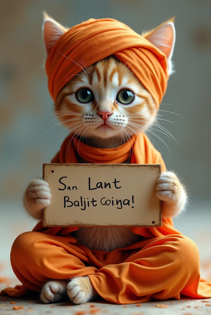 Imagine a kitten in a meditation posture, with a turban on its head and dressed in a tunic; holding a sign that says Sant Baljit Singh