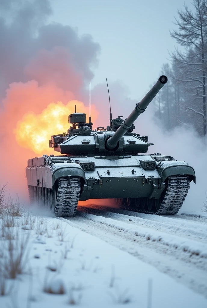 T-14 Armata running through smoke firing, while showing the side Under Snowy weather.
