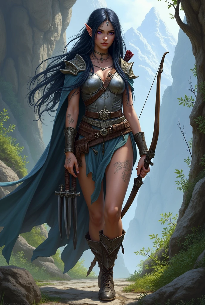 A beautiful elven female ranger from dungeons and dragons, she has dark hair and purple eyes. She carries a longbow and arrows, has three daggers, one in her waist, one in her thigh and one in her boot, has light armor. He has white skin with visible scars on his body.