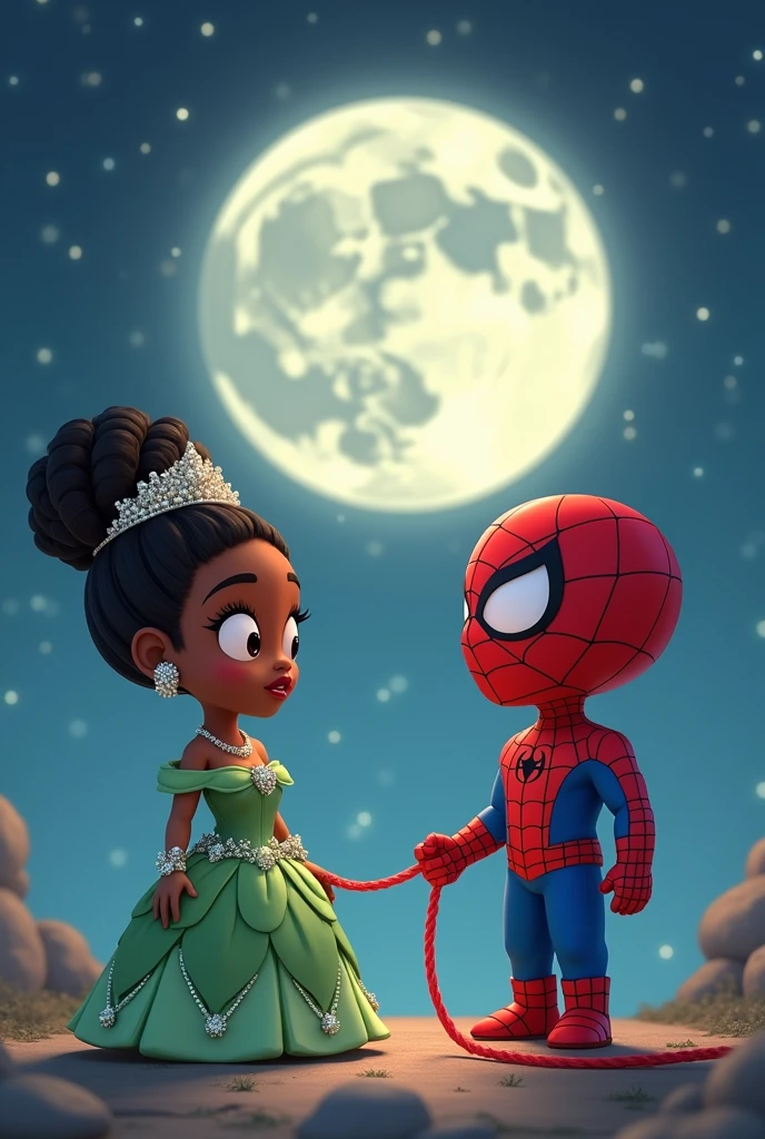 Tiana in a green princess dress with diamonds decorating her dress attached to Spiderman with the metaphor of the red thread that joins their fingers and they must be far from each other and with a surprised face because of the thread that unites them but the image must be chibi and tender and the background must be night with the moon and many stars 