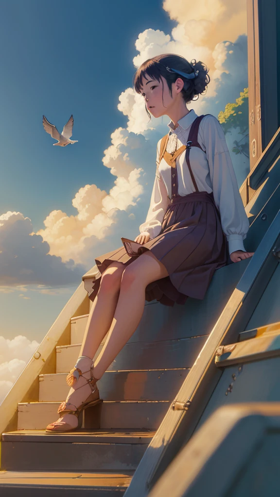 (1girl sitting on stairway to heaven), above the clouds, seas of clouds, ascending, ethereal, peaceful, graceful, innocent, hopeful, pure, dove,
post-impressionist, impressionism,