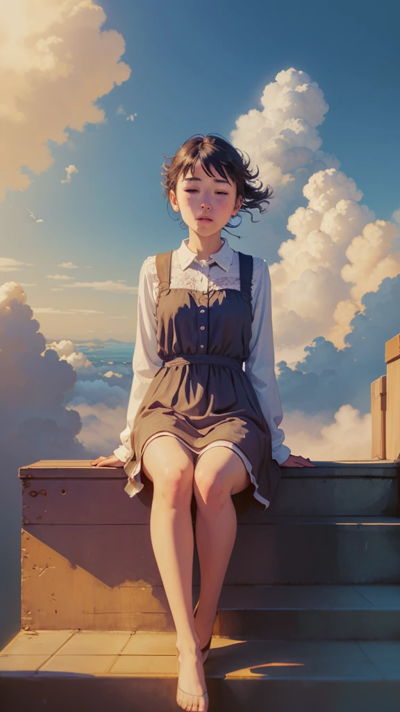 (1girl sitting on stairway to heaven), above the clouds, seas of clouds, ascending, ethereal, peaceful, graceful, innocent, hopeful, pure, dove,
post-impressionist, impressionism,