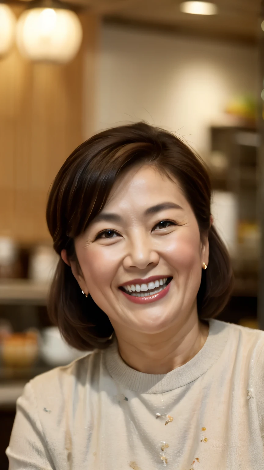8k wallpaper, masterpiece, Highest quality, Very detailed, One Mature Woman, 50 years old, Become very clear, Wearing a short-sleeved knit, Skin dents, Captivating smile, Looking at the audience, No lapel microphone, Plump, Curvaceous, Attractive face, Smiling with teeth showing, I was happy, sitting in a cafe, Background Blur