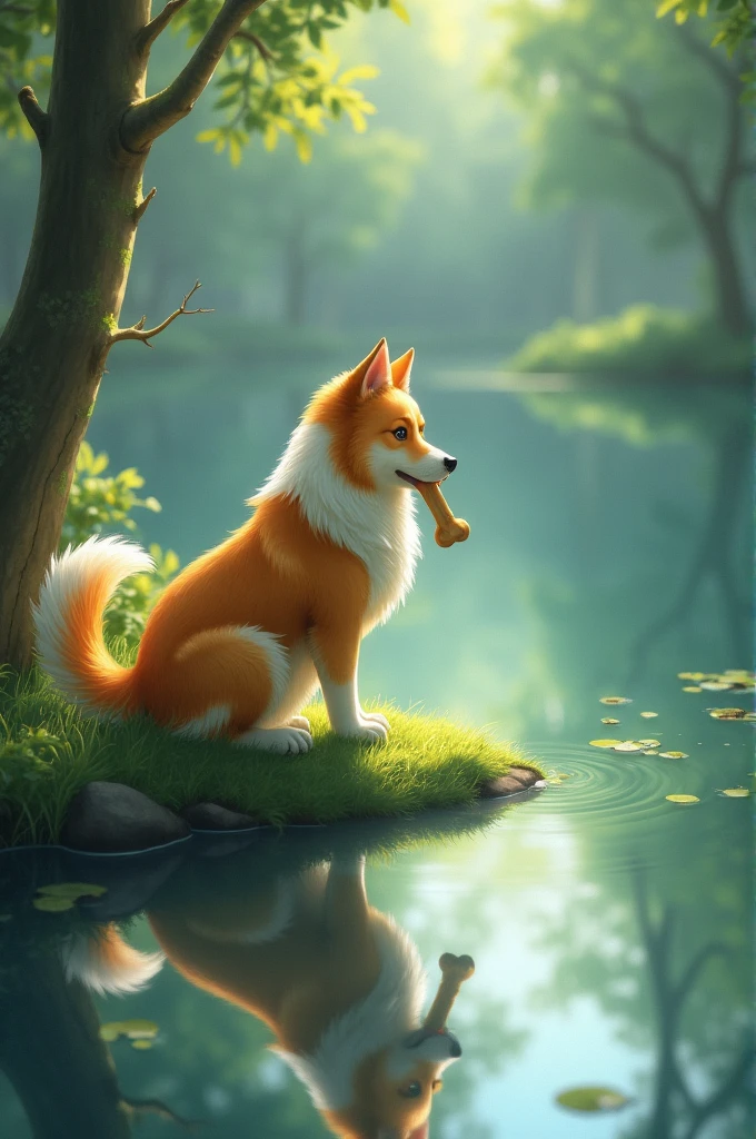 Yellow-orange and white dog stand near lake. He seeing his reflection in the water. He hold bone in his mouth