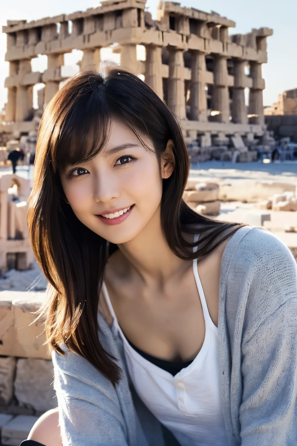 One Girl, (wear casual summer clothes:1.2), (Beautiful Japanese idol portrait photos), 
(RAW Photos, Highest quality), (Realistic, Realistic:1.4), masterpiece, 8K Portrait, 
Very delicate and beautiful, Very detailed, 2k wallpaper, wonderful, In detail, 
Very detailed CG unity 8k wallpaper, Very detailedな, High resolution, Soft Light, 
Beautiful detailed girl, Very detailed eyes and face, Beautiful and sophisticated nose, Beautiful details, 
(Commemorative photo with the Parthenon in the background:1.3), Cinema Lighting, 
Perfect Anatomy, Slender body, Small breasts, Medium Hair, Dynamic Angle, A light smile,