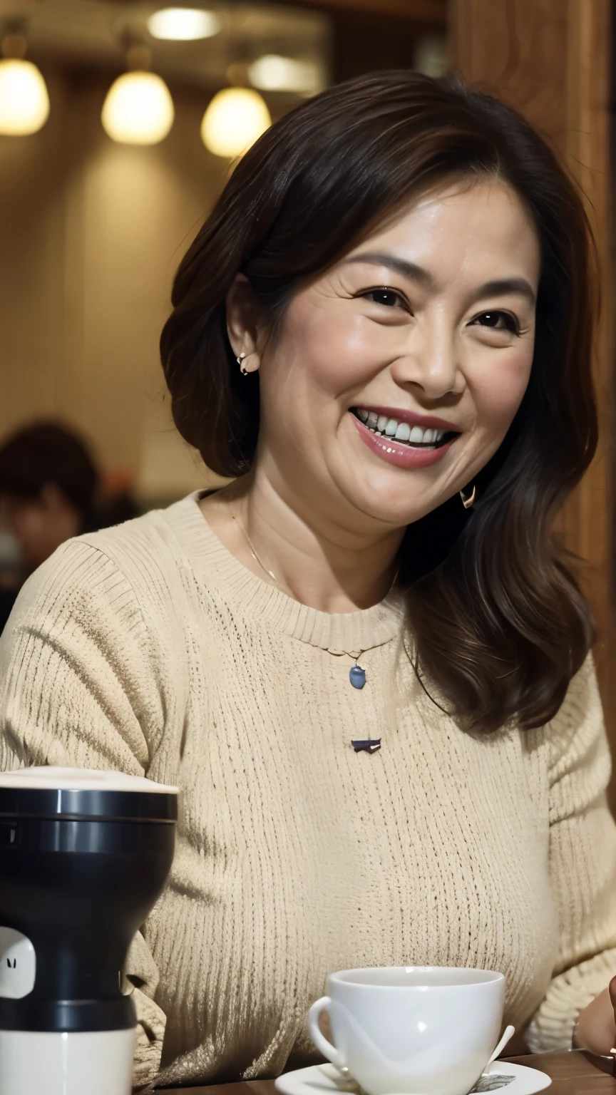 8k wallpaper, masterpiece, Highest quality, Very detailed, One Mature Woman, 50 years old, Become very clear, Wearing a short-sleeved knit, Skin dents, Captivating smile, Looking at the audience, No lapel microphone, Plump, Curvaceous, Attractive face, Smiling with teeth showing, I was happy, sitting in a cafe, Background Blur