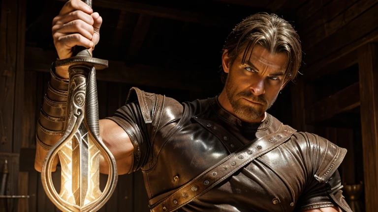 He wears a weathered leather tunic, his muscles rippling with power. His expression is one of steely determination, eyes glowing faintly with inner strength. He holds a massive, ornate sword that glows with a faint, ethereal light. The scene captures a moment of quiet before a great challenge.