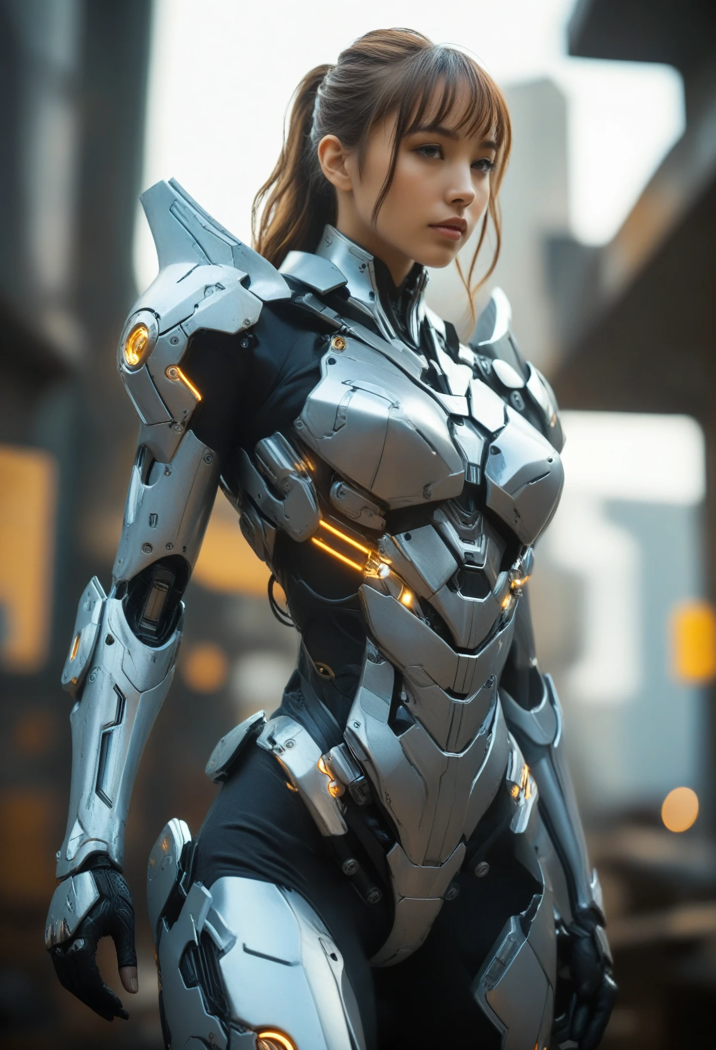 score_9, score_8_up, score_7_up, Wear mechanical clothing, Wonders of the machine, cyber, Cybernetic Guardian, Futuristic Armor, whole body, Front pose, Symmetric, Complex (Steel Metal [rust]), joint, Warframe style, cyborg, Female body and black and white armor, beautiful lips, 