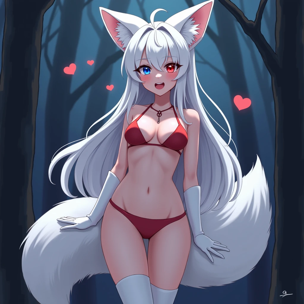 [One Fox Girl, Female Very Sexy Body, Blue and Red eyes, Hearts, White Hair, Female Long Hair, Female Fluffy Body, Female Big Fox Ears, Female White Big Fox Tail, velu female, Skinny, cute, Very Huge Breast, Tits, Adult, Tall, Cute, Blushing, Female Orgasm, Bikini, Abs, In Forest, Night, Cute, Sexual Pose, White Long Paws Gloves, White Long Paws Socks]