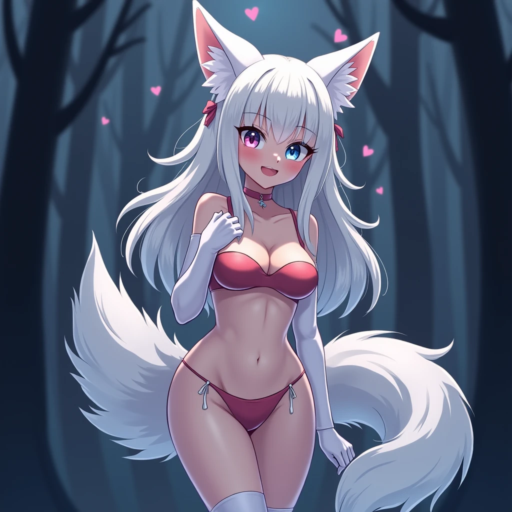 [One Fox Girl, Female Very Sexy Body, Blue and Red eyes, Hearts, White Hair, Female Long Hair, Female Fluffy Body, Female Big Fox Ears, Female White Big Fox Tail, velu female, Skinny, cute, Very Huge Breast, Tits, Adult, Tall, Cute, Blushing, Female Orgasm, Bikini, Abs, In Forest, Night, Cute, Sexual Pose, White Long Paws Gloves, White Long Paws Socks]